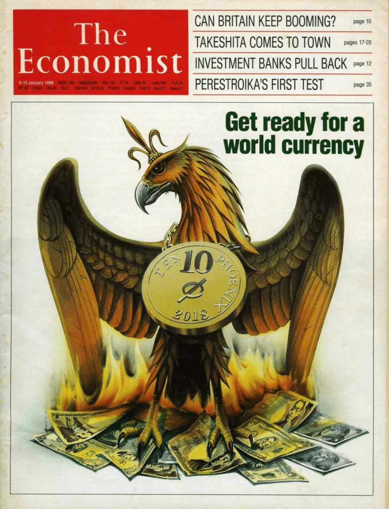 مجله اکونومیست در سال 1988 که یک ارز جهانی را پیش بینی کرده است
