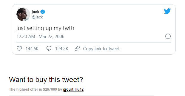 مدیرعامل توییتر اولین توییت تاریخ را به‌صورت توکن (NFT) به فروش گذاشت